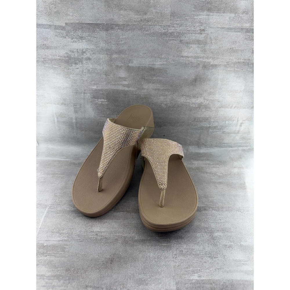 FitFlop Lulu Crystal Embellished Thong Wedge Sandals Beige Gold Women Sz US 6.5